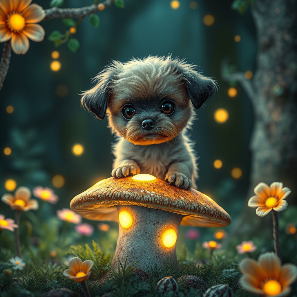 Enchanted Forest Dog on Mystical Mushroom