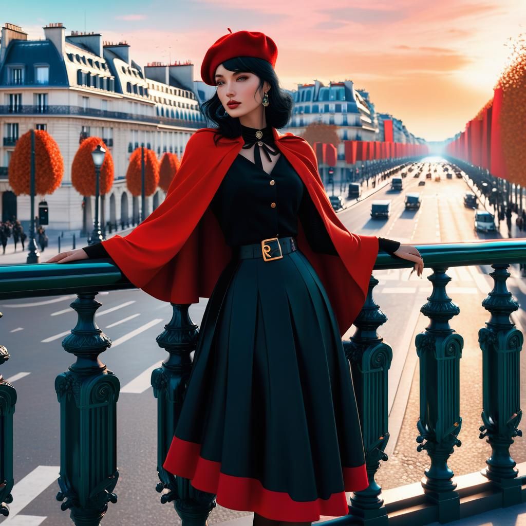 Girl in Paris Overlooking Champs-Élysées, Digital Art