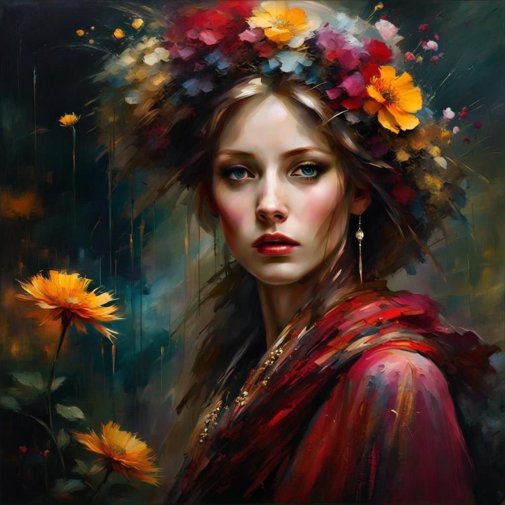 Fantasy Woman with Red Hair in Oil Paint