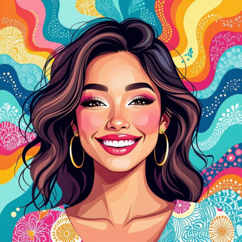 Happy Woman with Abstract Fractal Patterns