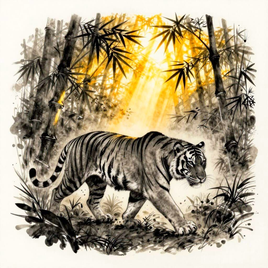 Charcoal Tiger Silhouette in Sunlit Bamboo Jungle