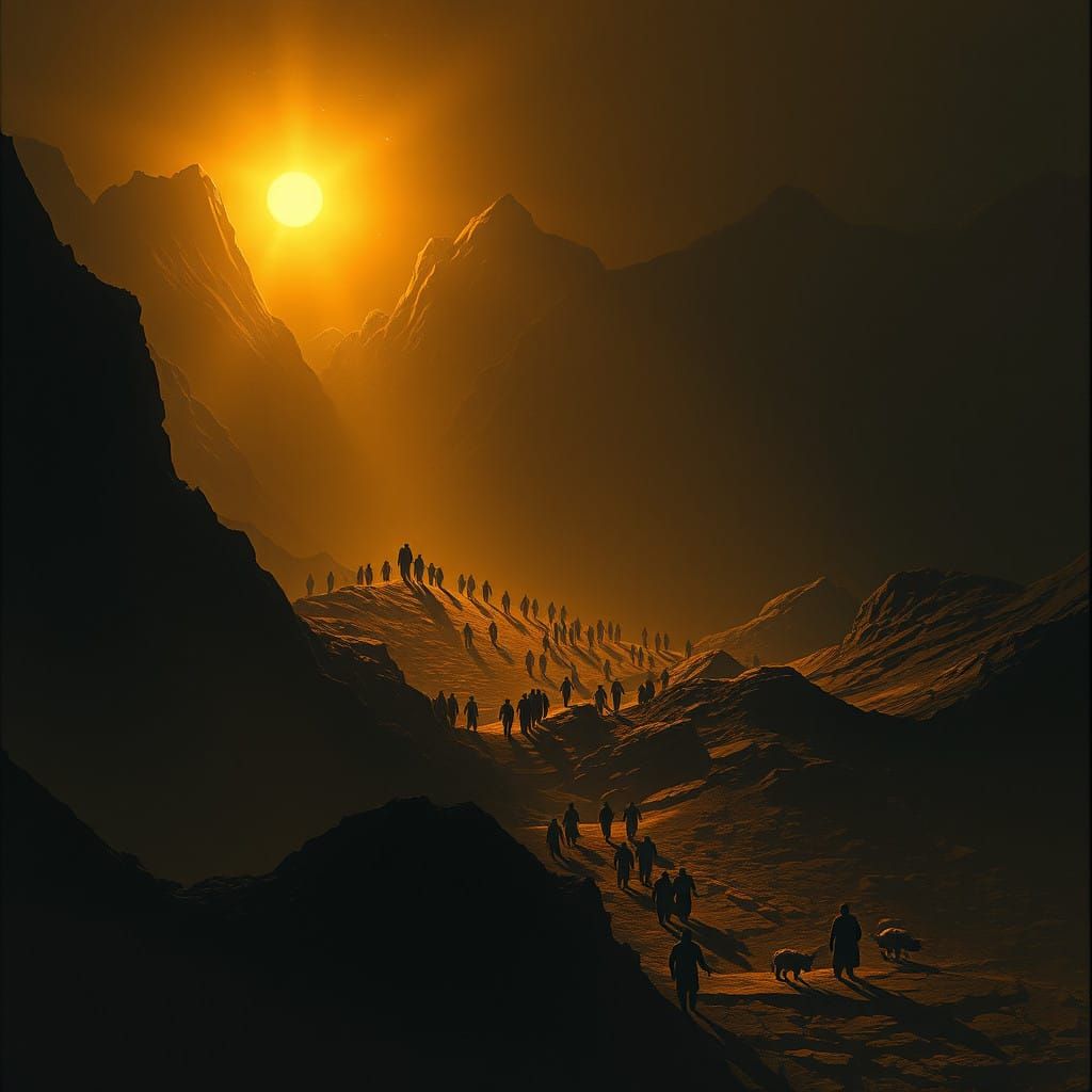 Figures Converge on Ethereal Light in a Fantastical Landscap...