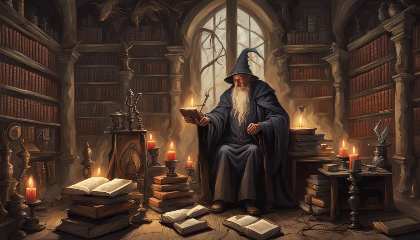 Sinister Wizard in Library with Old Tomes