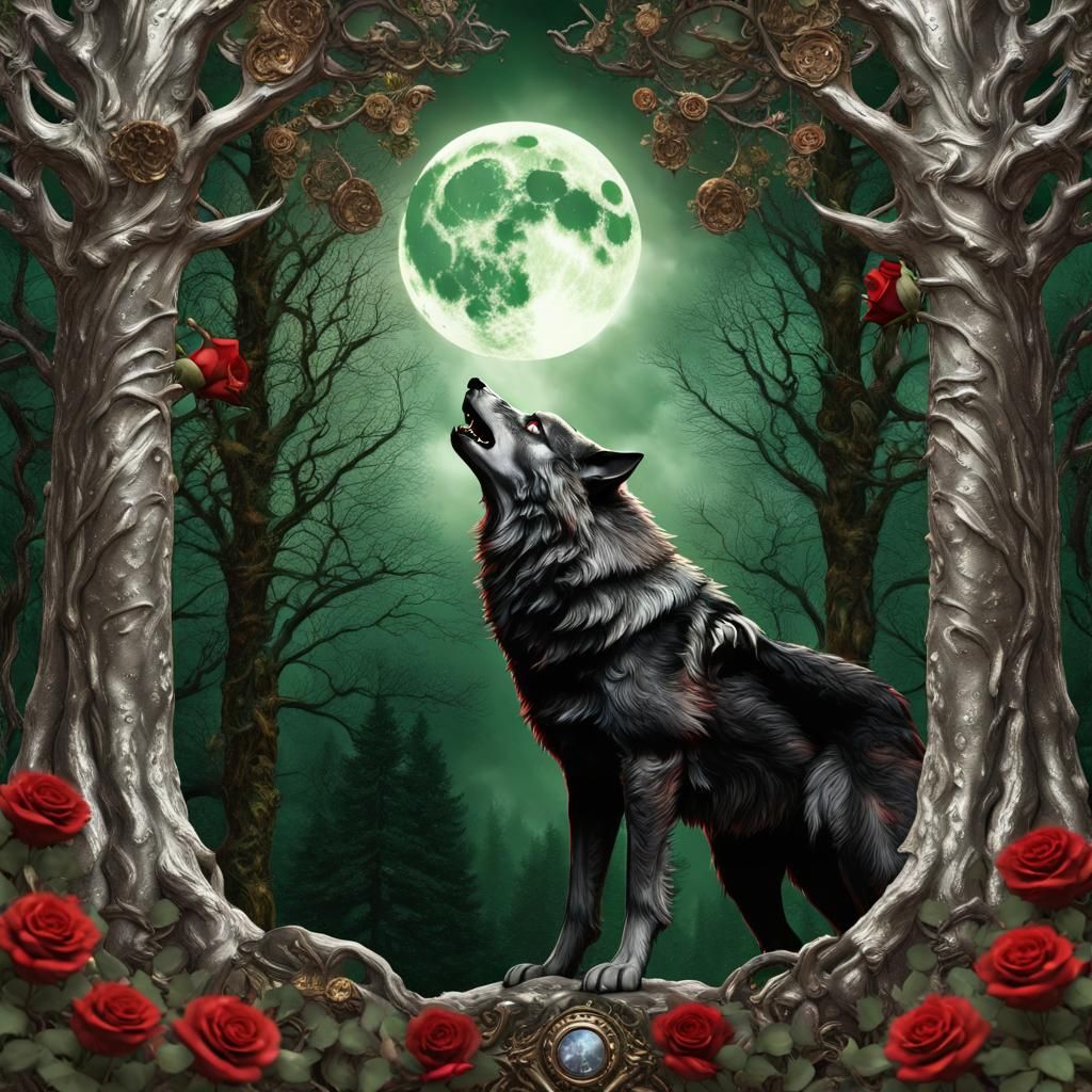 Wolves Howling at Moon in Steampunk Forest