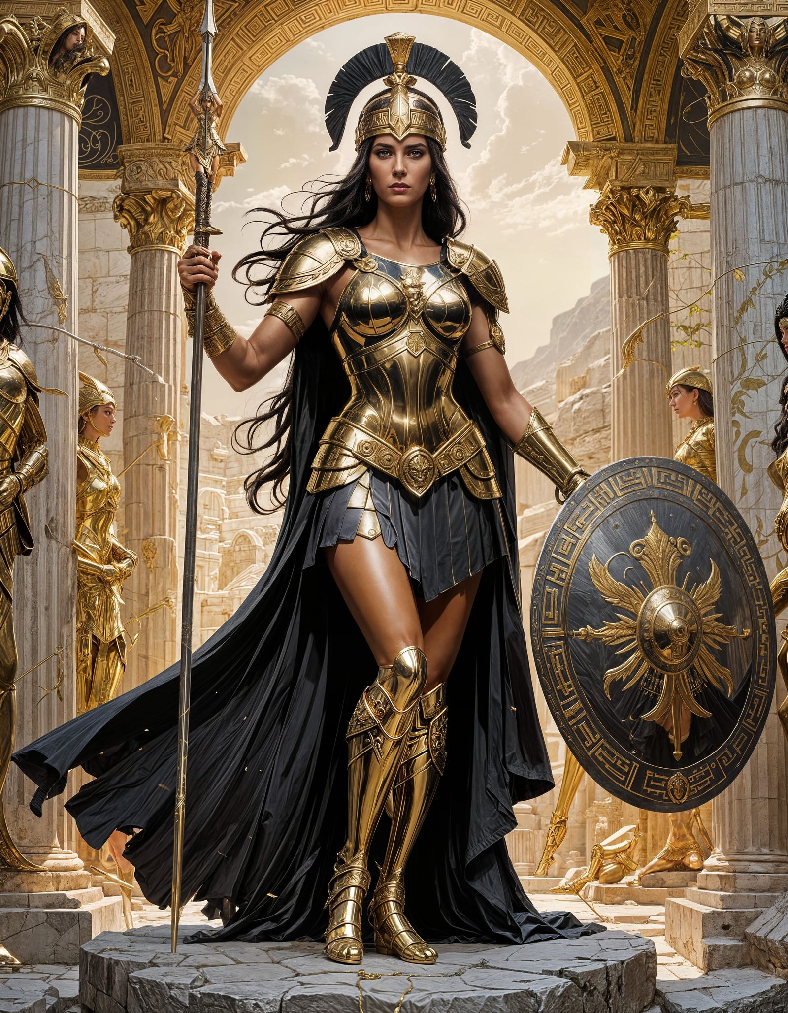 Athena Goddess in Golden Armor, Photorealistic Art