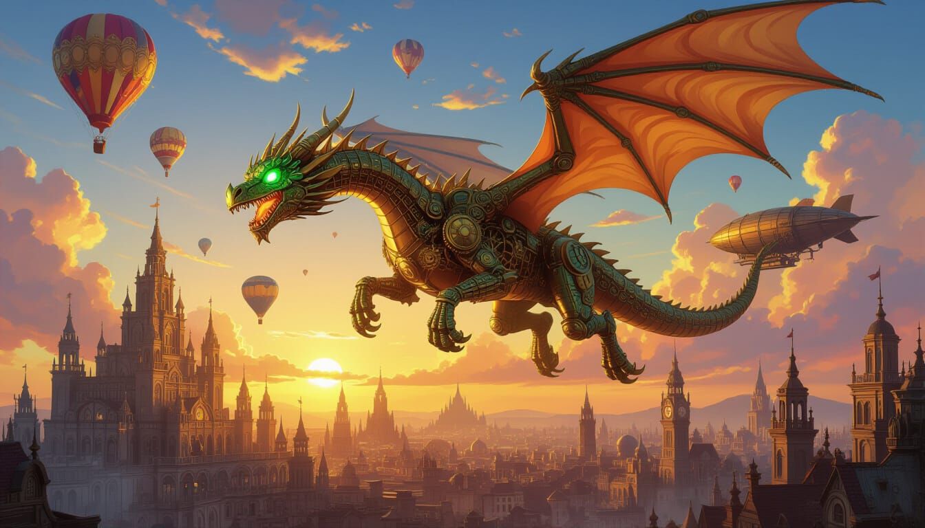 Clockwork Dragon Soars Over Steampunk City