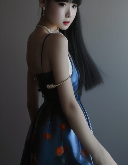 Photorealistic Model in Backless Dress, Ghibli-esque Style