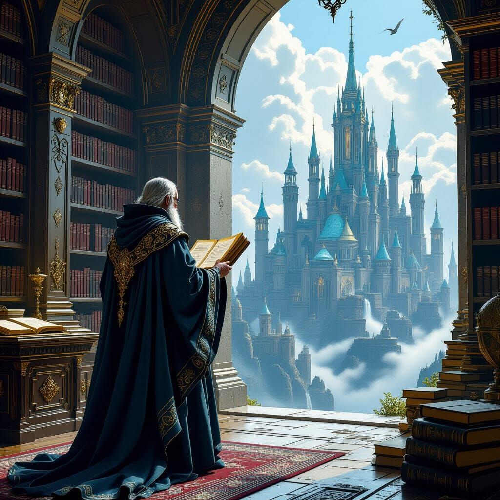 Fantasy Scholar Ponders Knowledge in Mystical Realm