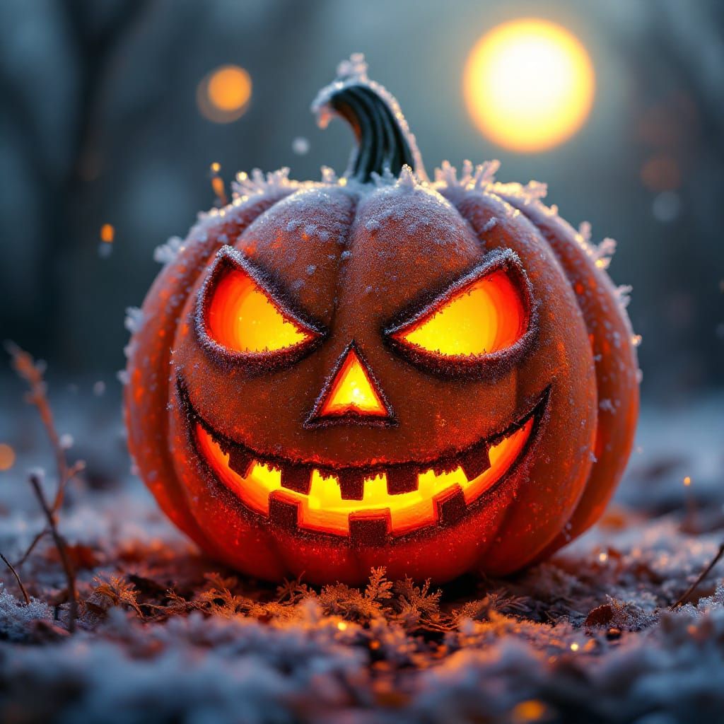Jack-o'-Lantern Covered in Frost Under Moonlight