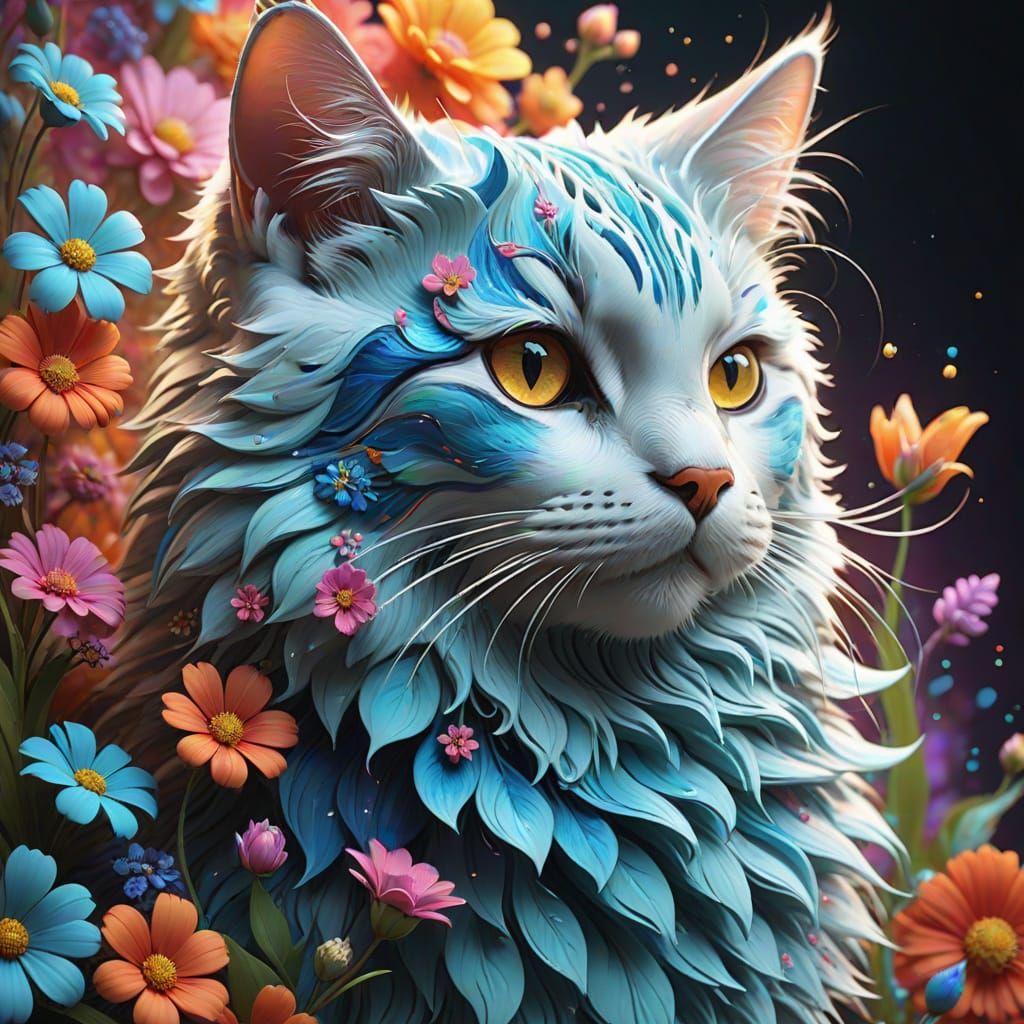 Enchanted Whimsy: Fluffy Feline in Blossoming Hues
