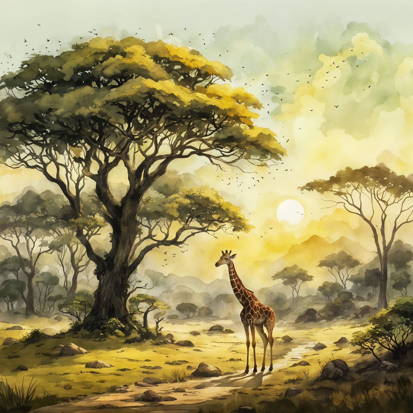 Magical Savanna Landscape in Rackham and Kinkade Style