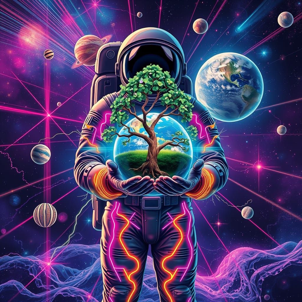 Astronaut Holding Earth with Tree of Life