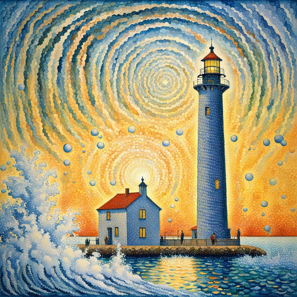 Pointillist Lighthouse Guiding Boats on Foamy Cascade