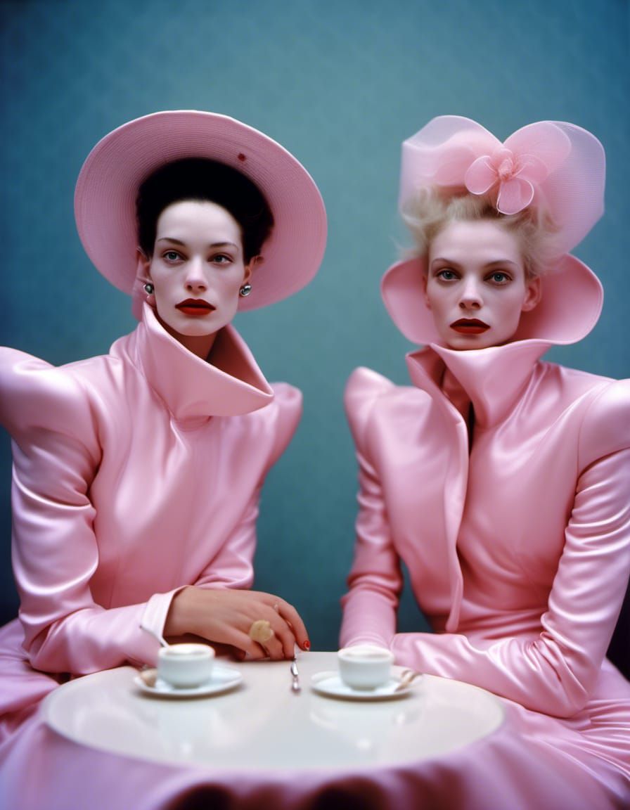 Modern Couture Woman Enjoying Tea in Cafe
