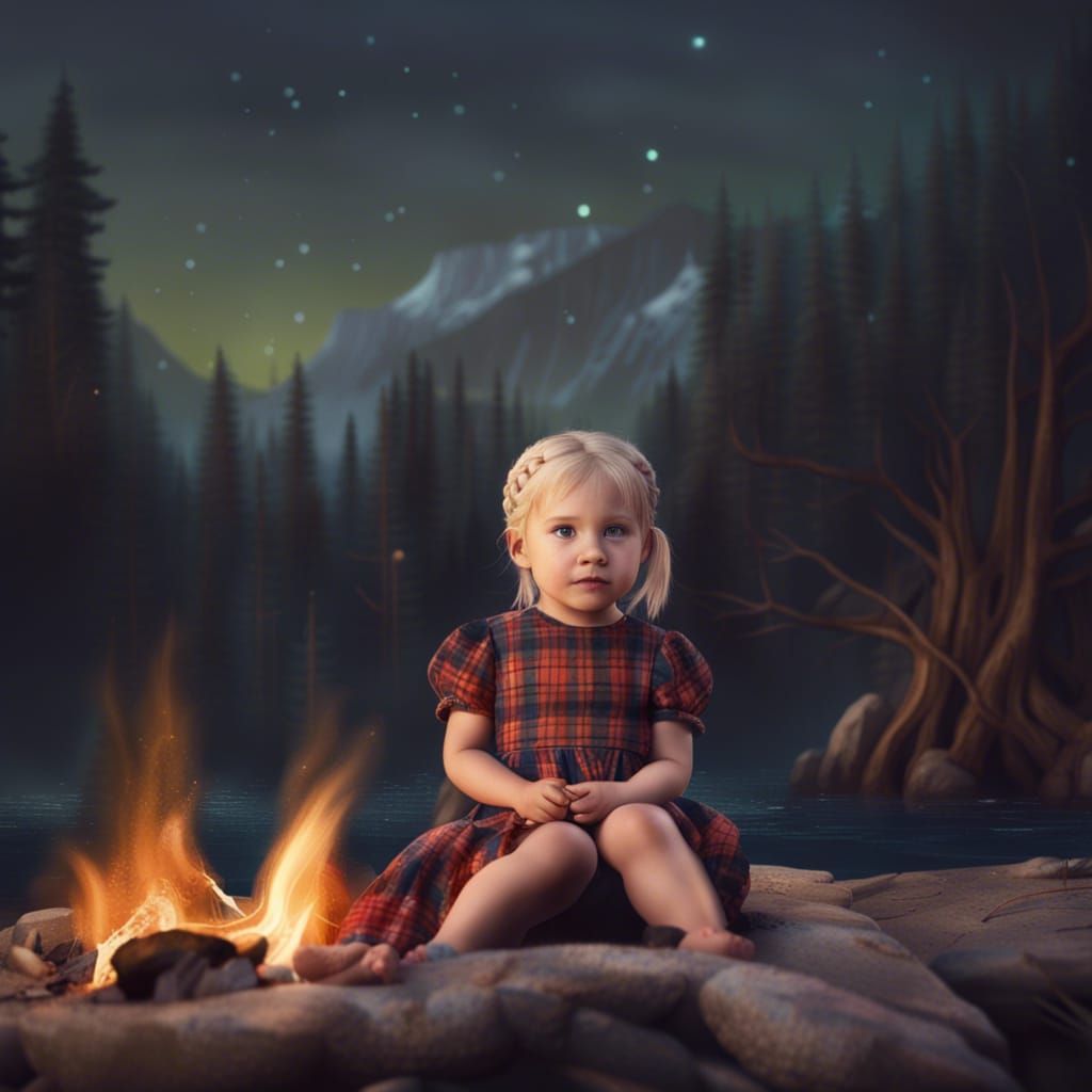 Toddler by Campfire in Detailed Matte Painting