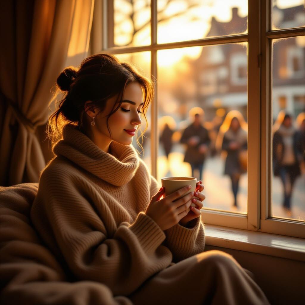 Peaceful Woman Enjoys Tea in Golden Afternoon Light
