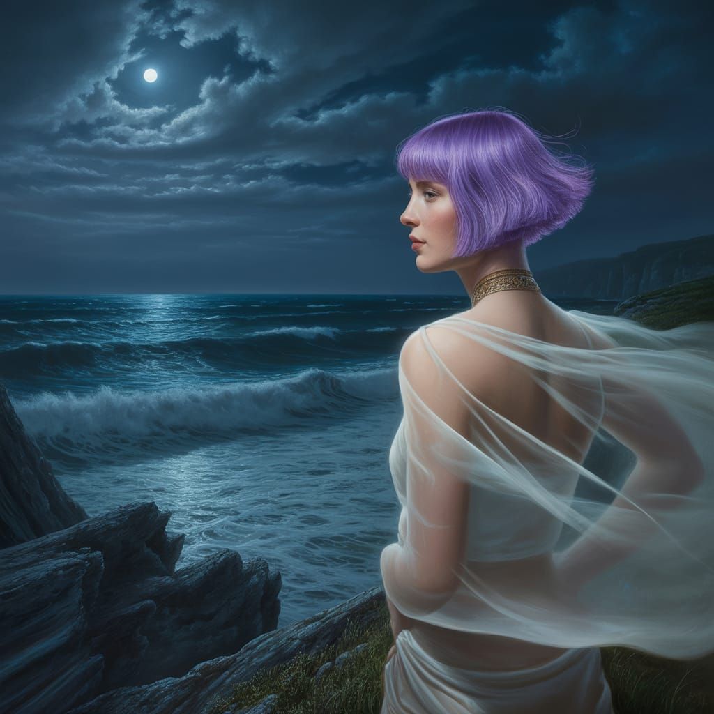 Woman on Windswept Cliff Overlooking Moonlit Sea