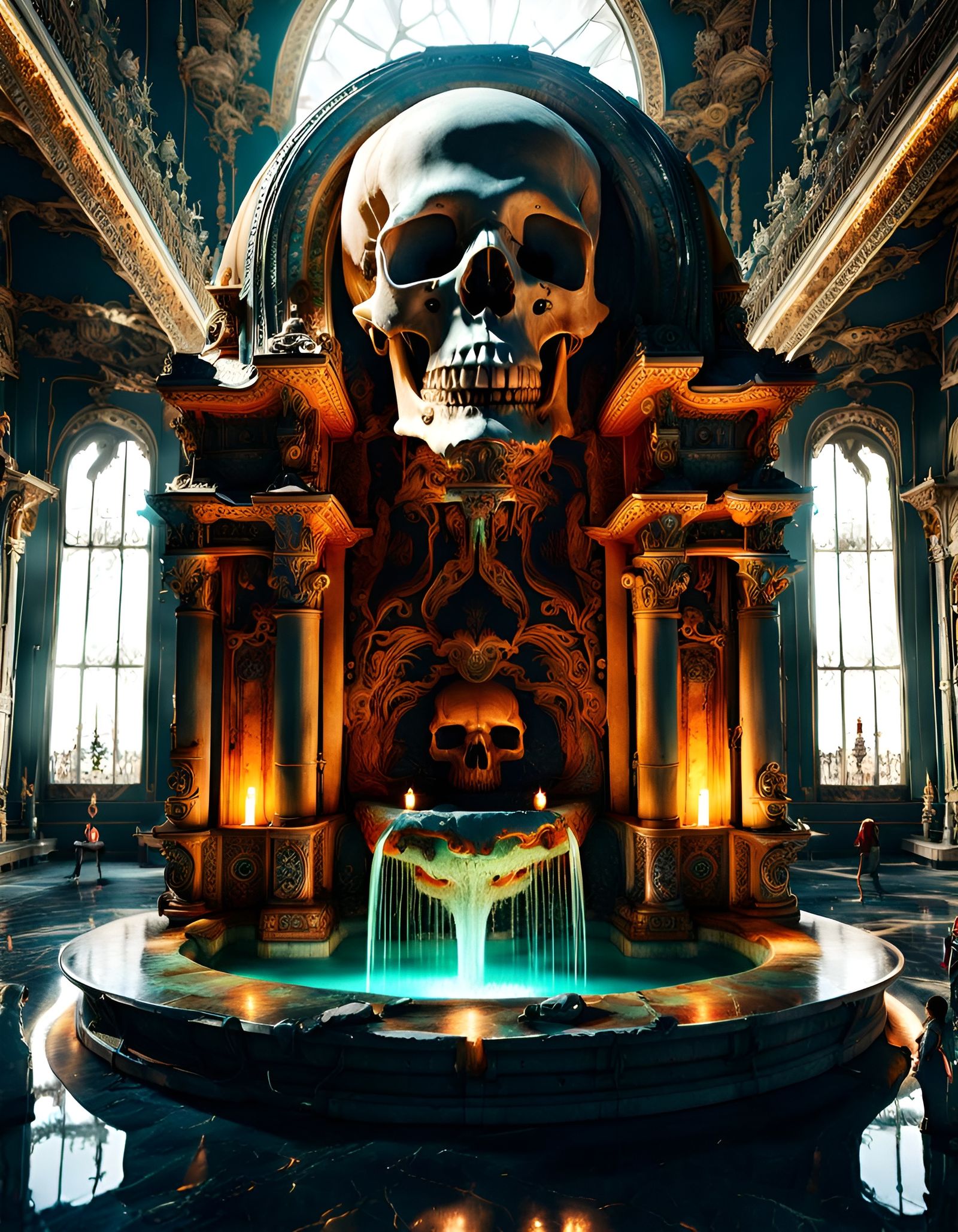 Ornate Marble Fountain Inside Glowing Skull