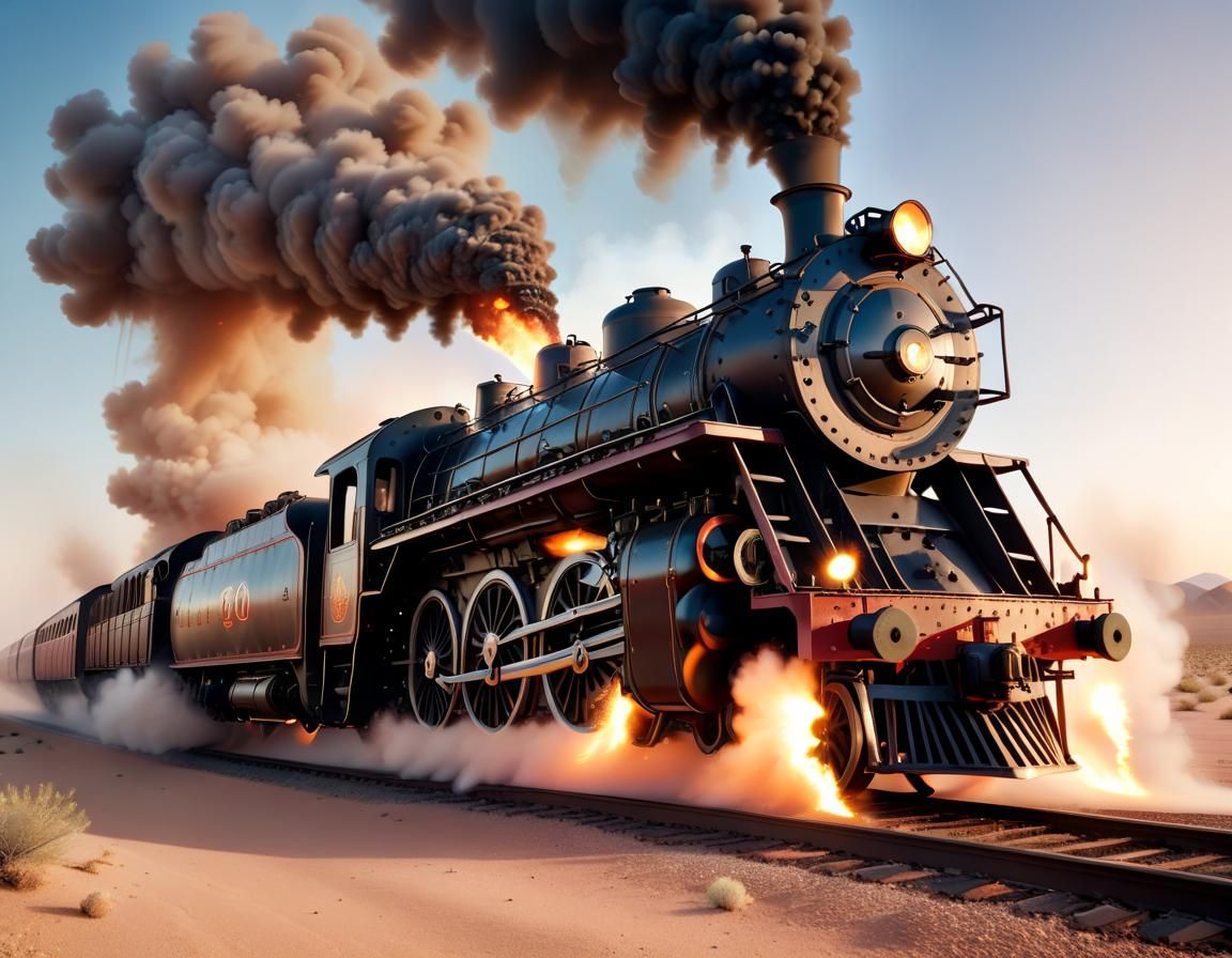 Locomotive Speeds Through Desert Landscape at Magic Hour