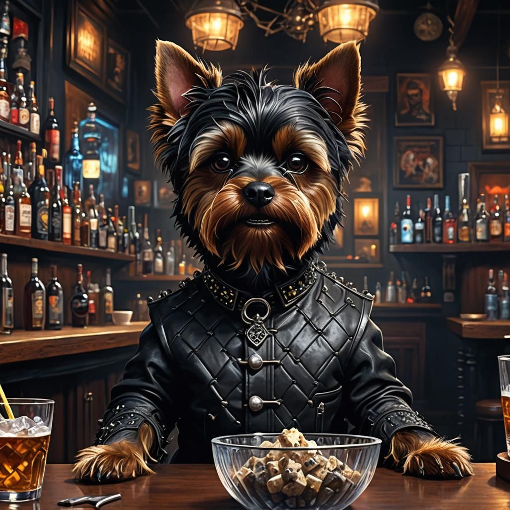 Black Yorkie as Pinhead at Doggy Bar