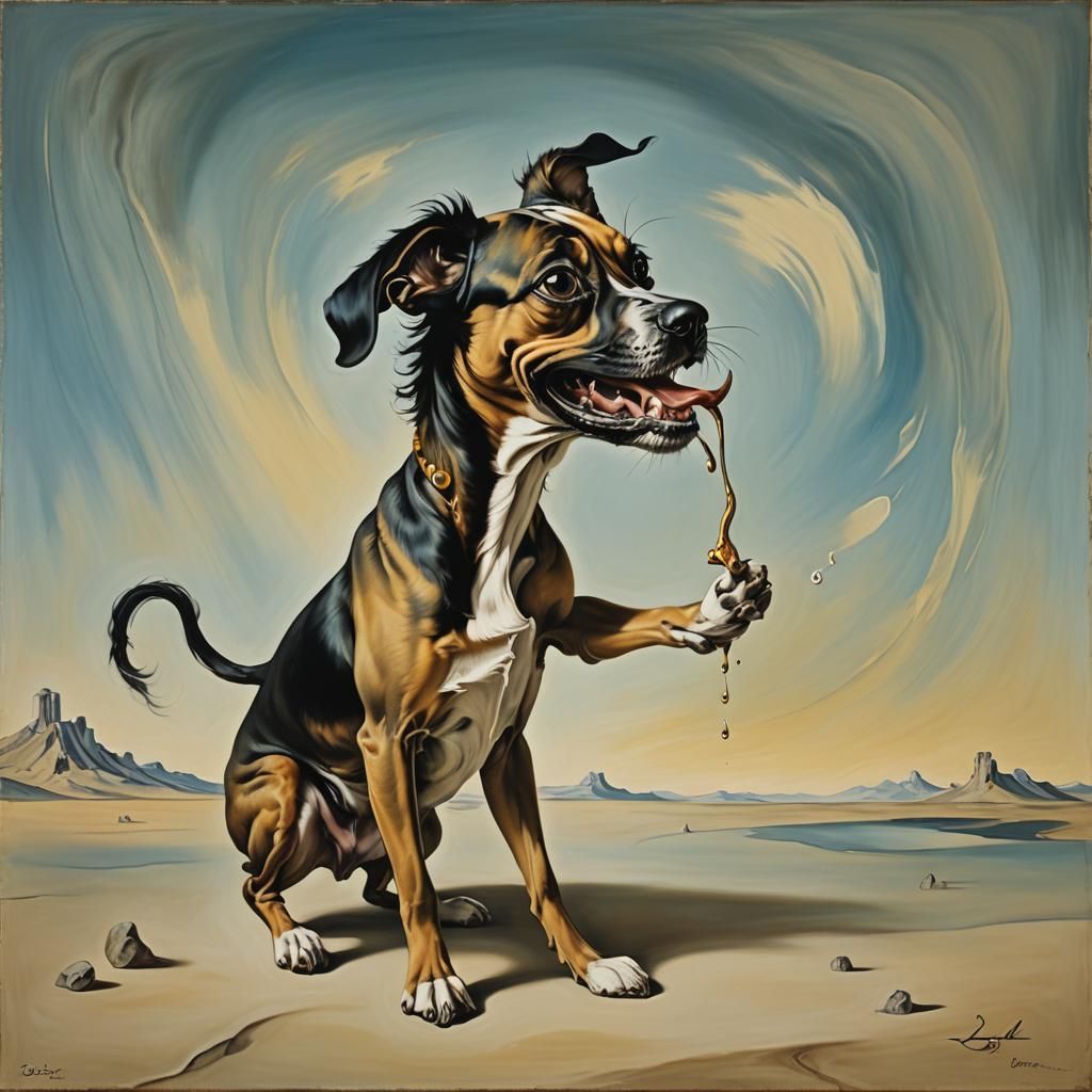 Dog Chasing Tail: Surrealist Oil Painting
