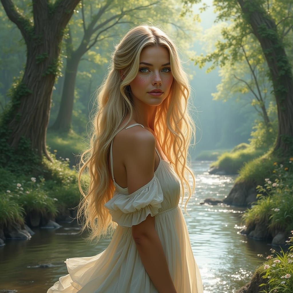 Beautiful Woman in Sunlit Woodland Stream