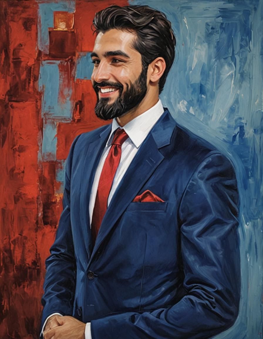 Handsome Man in Blue Suit as Impressionist Oil Painting