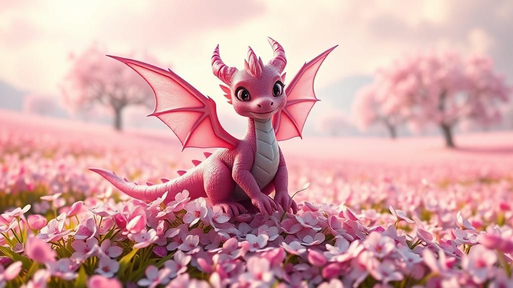 Chibi Pink Fairy Dragon in Blossom Meadow