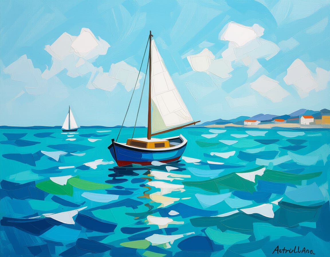 Vibrant Coastal Painting of a Fishing Boat, Utrillo Style