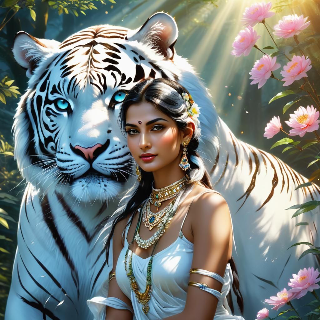 Parvati and White Tiger in Divine Landscape