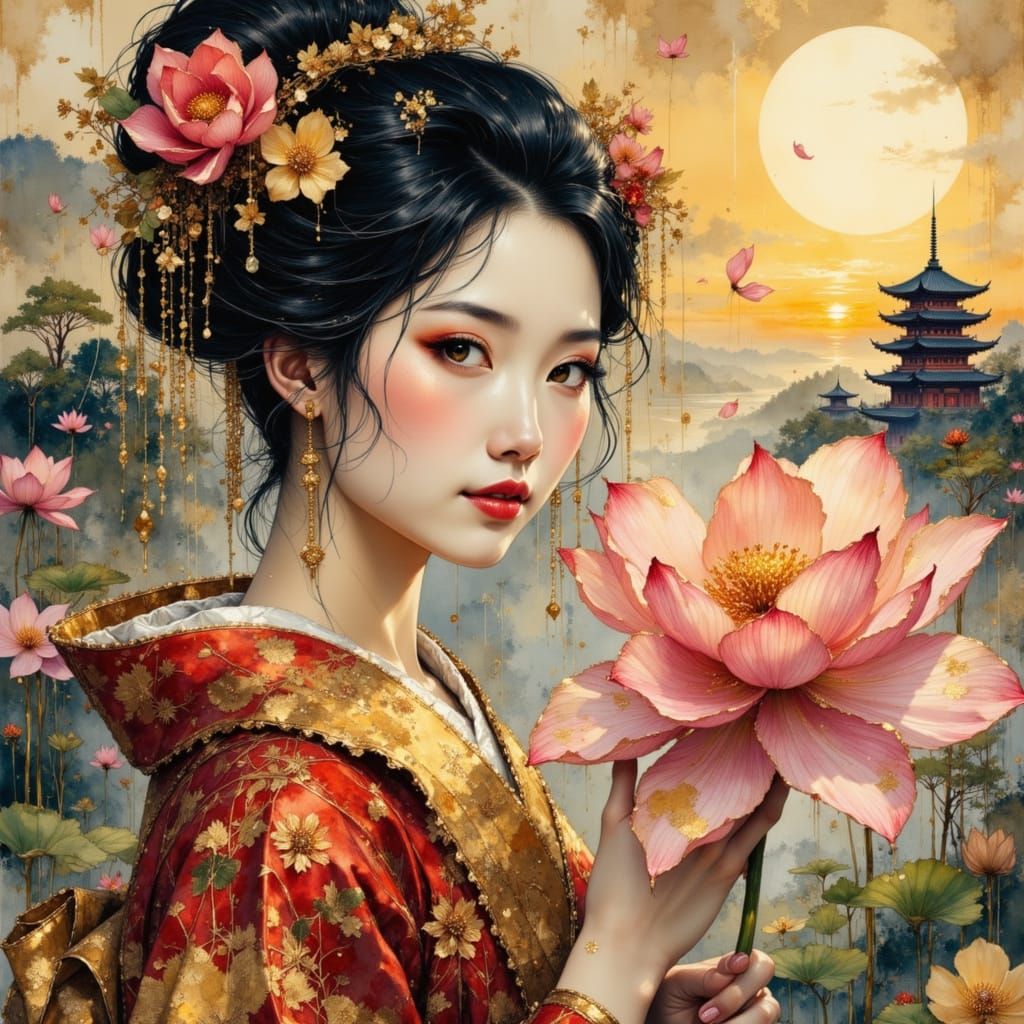 Geisha in shades of gold and red