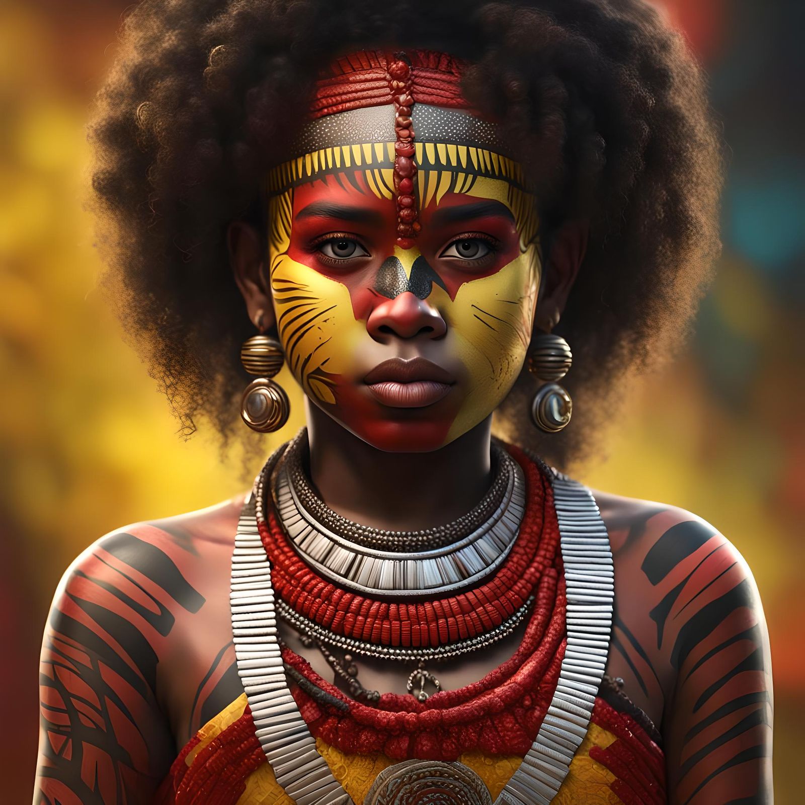 wider aspect Ratio ,Papua New Guinean Girl, standing tall in traditional dressing, red, yellow, black and white Lower fa...