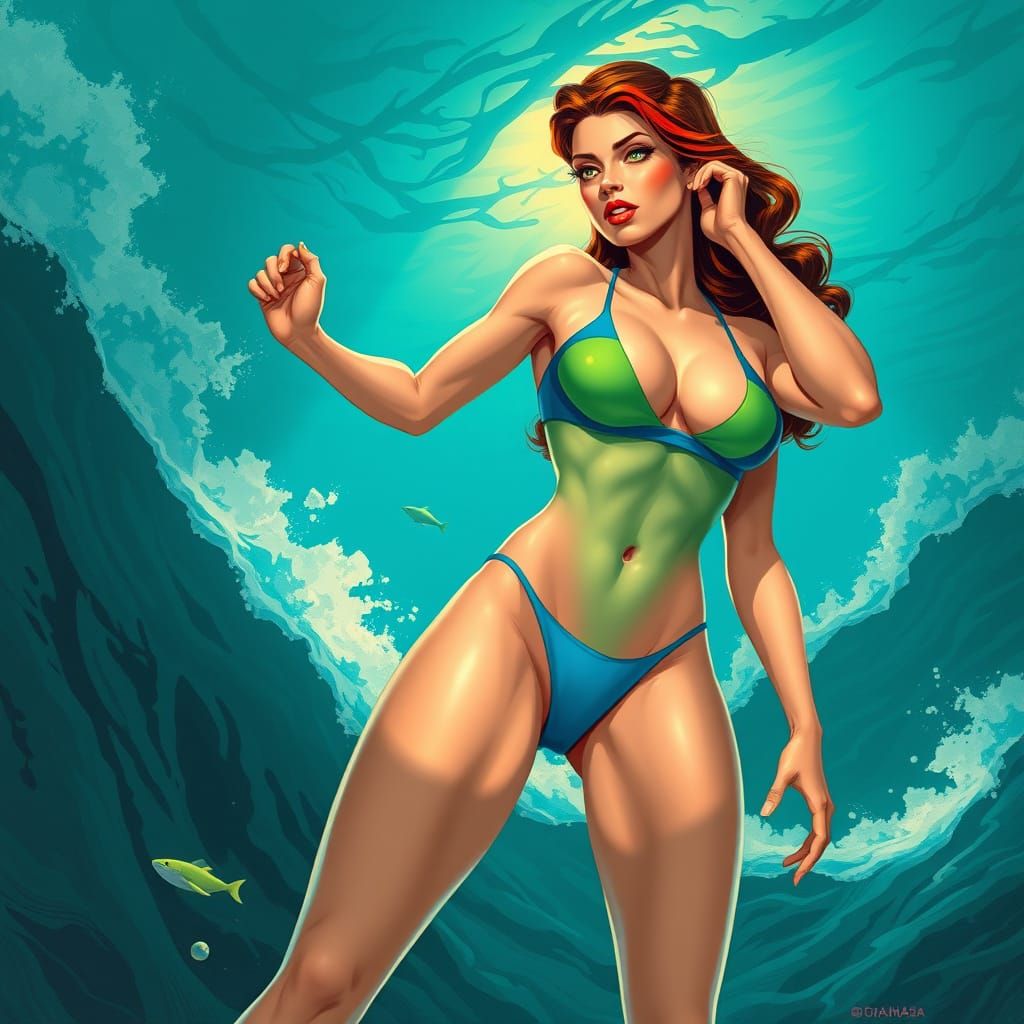 Heroic Aqua Woman in Underwater Scene