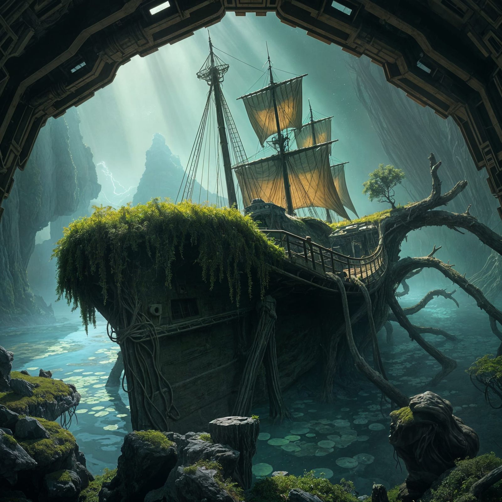 Weathered Spaceship Overgrown in Bioluminescent Mangrove Cov...