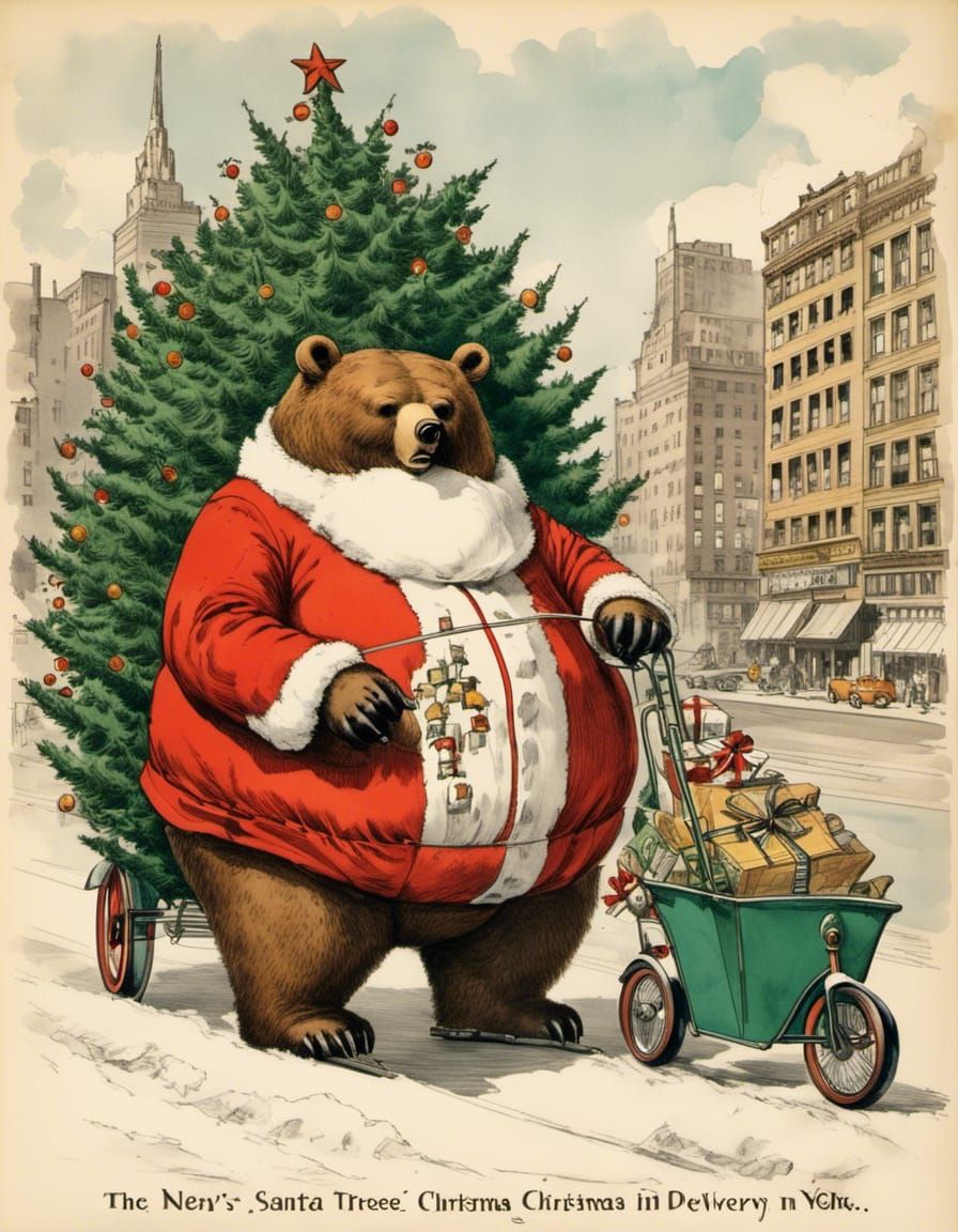 Obese Bear Santa Delivers Christmas Trees in New York