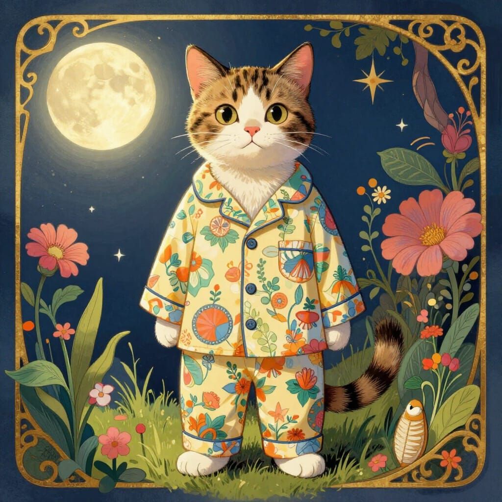 Whimsical Cat in Stylish Pajamas