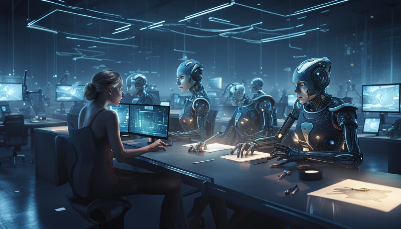 Futuristic Office: AI, Humans, and Robots Interacting