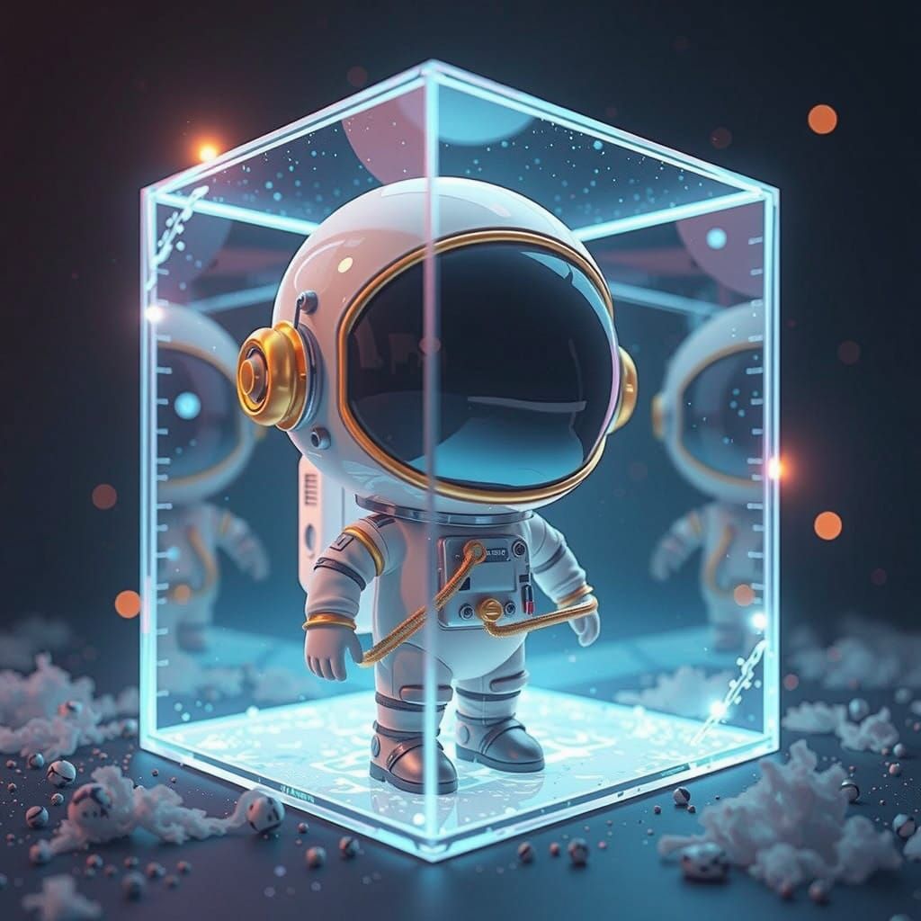 Chibi Astronaut Enclosed in Glass Cube with Neon Accents