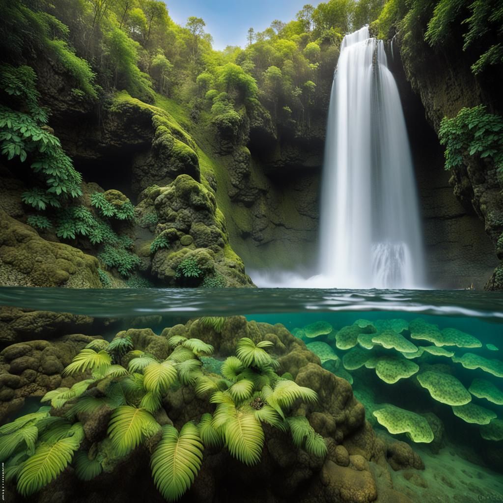 Majestic Waterfall Scene with Bathing Woman