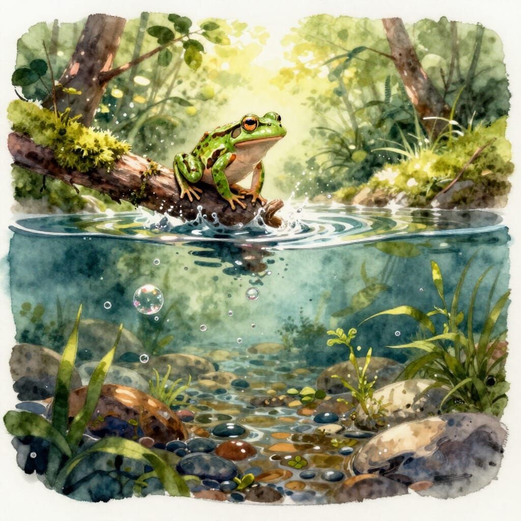 Tiny Frog Leaps Into Forest Stream Watercolor Painting
