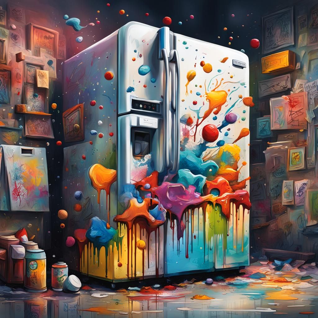 Fridge Covered in Children's Graffiti Art