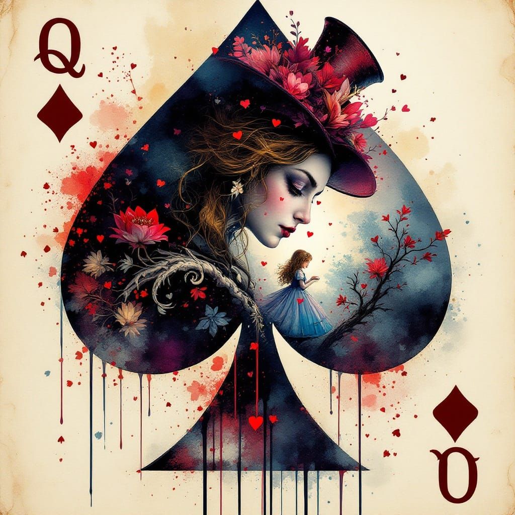 Whimsical Wonderland: Queen of Hearts in Modern Ink Painting