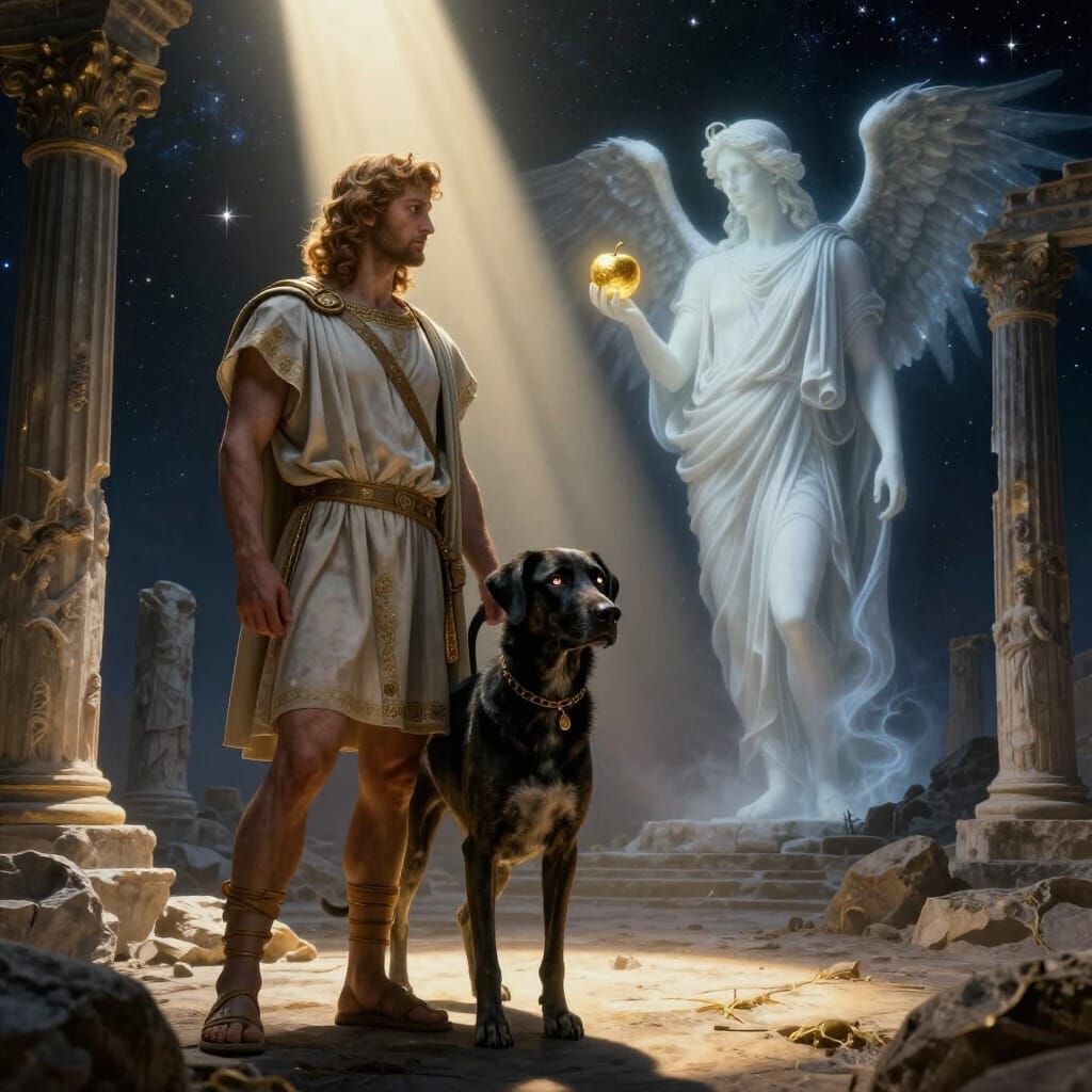 Odysseus and Dog in Cosmic Void with Apollo