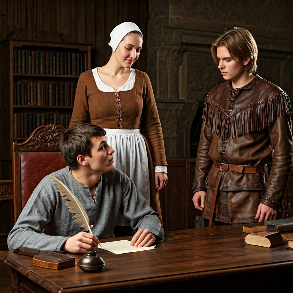 Medieval Servant Writes a Letter with Two Young Men