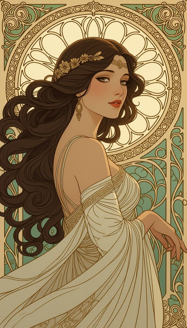Druuna in Art Nouveau Style with Flowing Hair and Golden Lig...