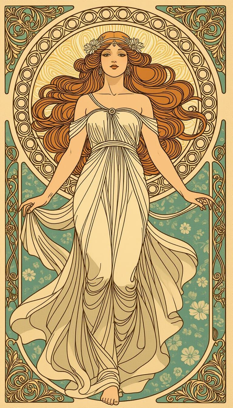 Art Nouveau Druuna in Golden Light with Organic Patterns
