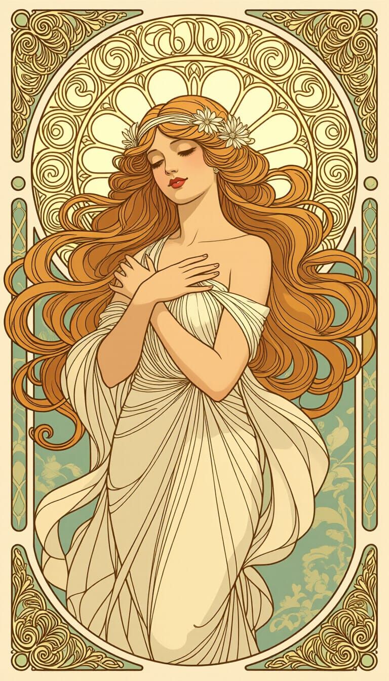 Art Nouveau Druuna with Flowing Hair and Organic Patterns