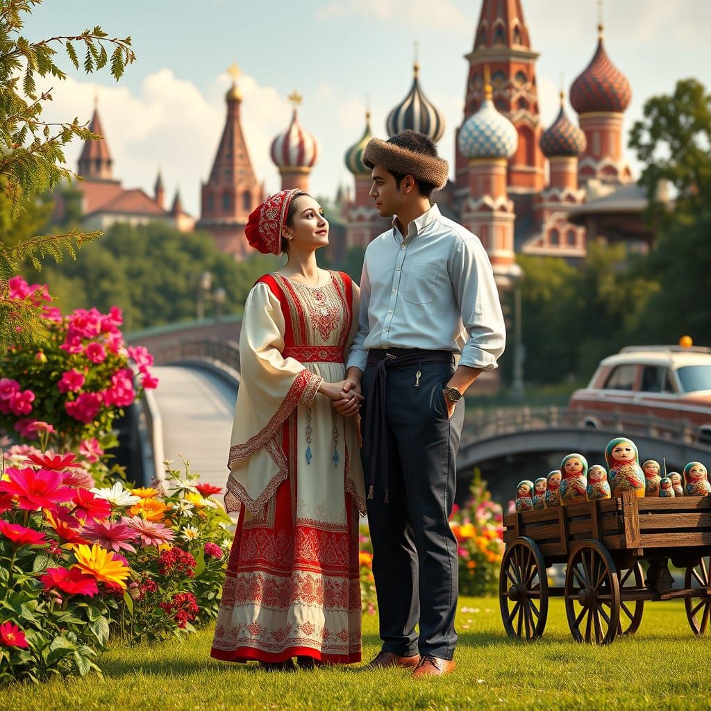 Traditional Russian Couple in Lush Summer Garden