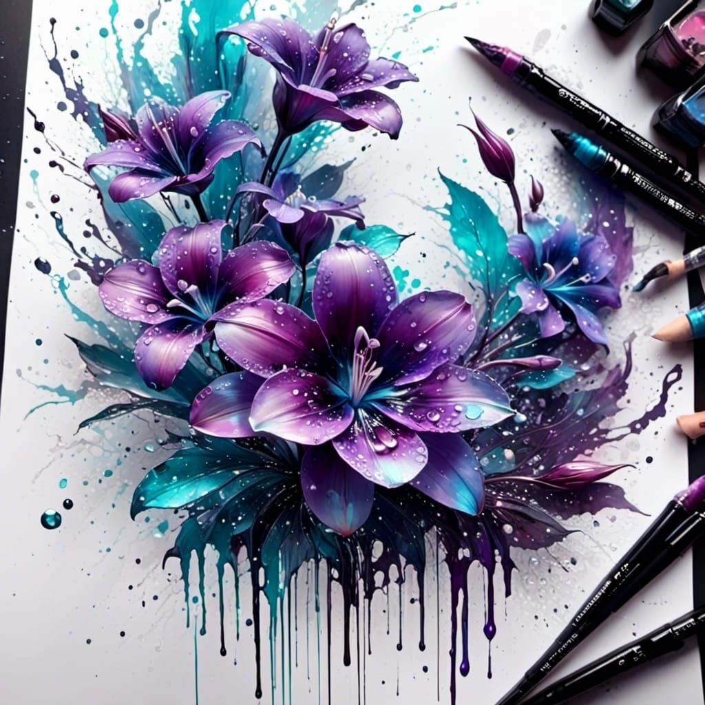 Iridescent Fractal Plumeria Sunset in Anime Style