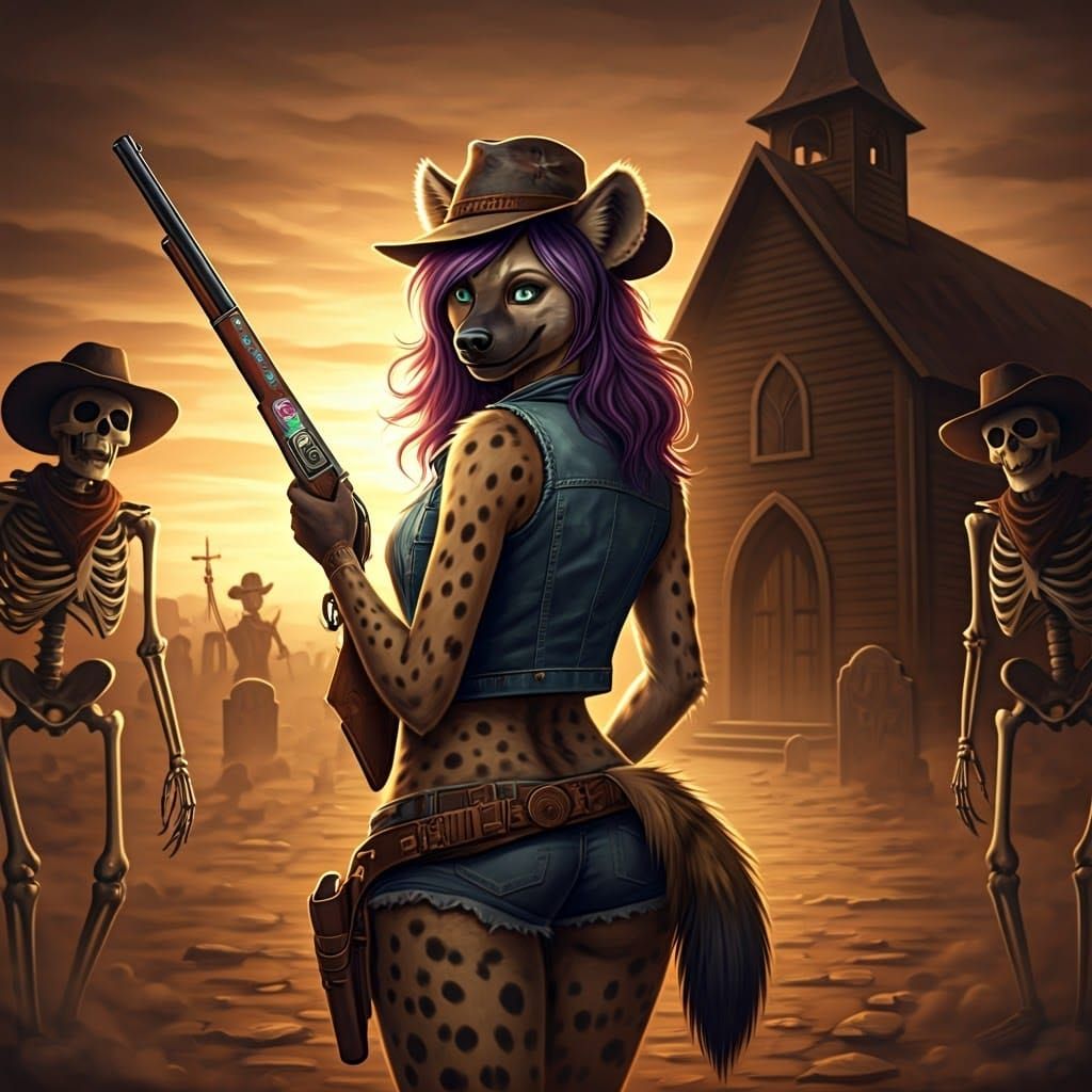Mysterious She-Hyena Confronts Skeleton Cowboys in Sepia Sun...
